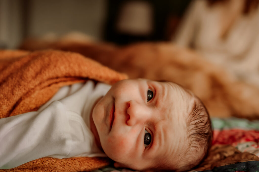 newborn baby awake and wrapped and lying in bed during a newborn photo shoot in edmonton